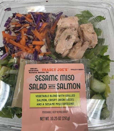 “Trader Joes’ Sesame Miso Salad with Salmon. Front label”