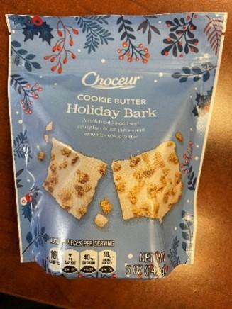 Front label panel of Choceur Cookie Butter Holiday Bark in 5 oz. bags.