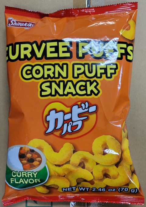 Image 1: Photograph of front panel Shirakiku Curvee Puffs Corn Puff Snack, 2.46 oz.