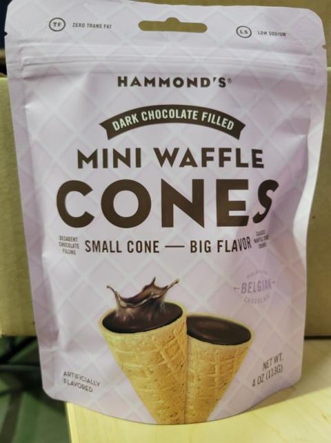 “Hammond’s Dark Chocolate Filled Mini Waffle Cones, 4 oz., front label”