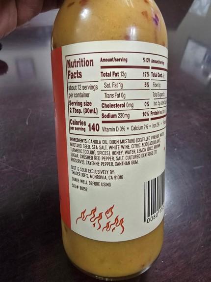 Trader Joe’s Hot Honey Mustard Dressing, Net Wt. 12 oz, Back label