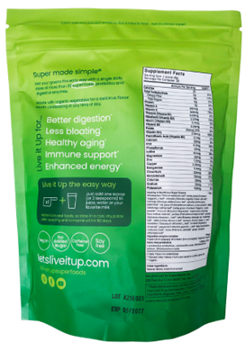 Back of package, Live it Up Super Greens 8.5oz pouch