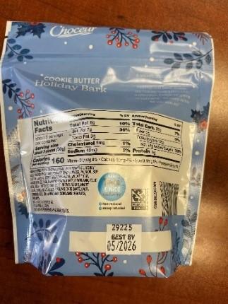 Back label panel of Choceur Cookie Butter Holiday Bark in 5 oz. bags