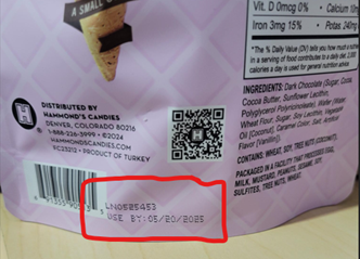 “Hammond’s Dark Chocolate Filled Mini Waffle Cones, back label showing USE BY: 05/20/2025”