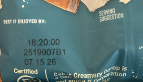 Labeling, lot code placement, Cabot Creamery Sea Salt Caramel Cheddar
