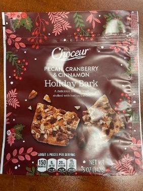 Front label panel of Choceur Pecan Cranberry & Cinnamon Holiday Bark in 5 oz. bags