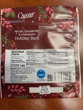Back label panel of Choceur Pecan Cranberry & Cinnamon Holiday bark in 5 oz. bags