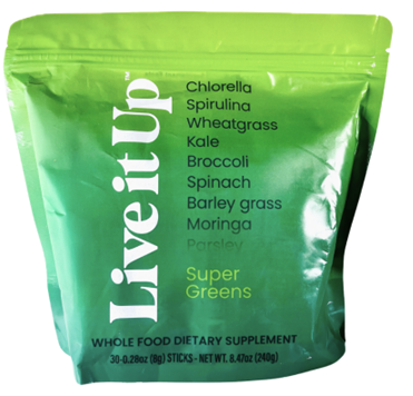 Front of package, Live it Up Super Greens 30-0.28oz sticks