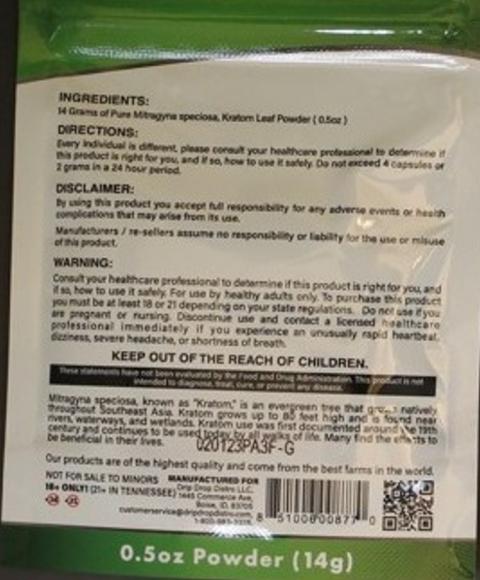 Image of back of packet, Green Maeng Da Kratom Powder