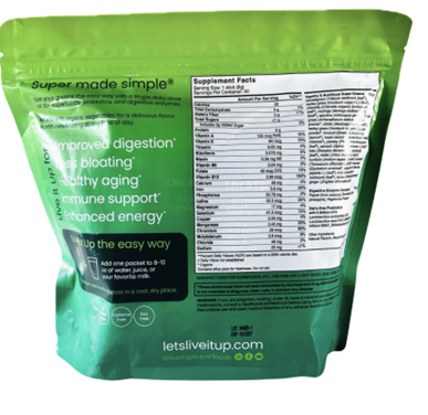 Back of package, Live it Up Super Greens 30-0.28oz sticks