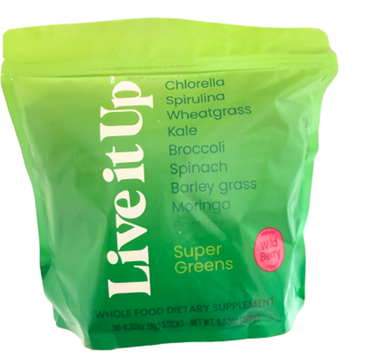 Front of package, Live it Up Super Greens 30-0.28oz sticks Wild Berry