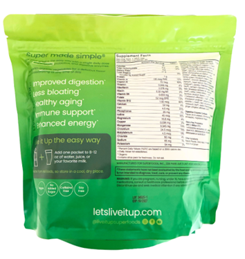 Back of package, Live it Up Super Greens 30-0.28oz sticks Wild Berry