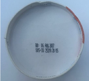 Image of bottom of pint with lot BB 06AUG 2027 So Delicious Dairy Free Salted Caramel Cluster Non-Dairy Frozen Dessert Pint