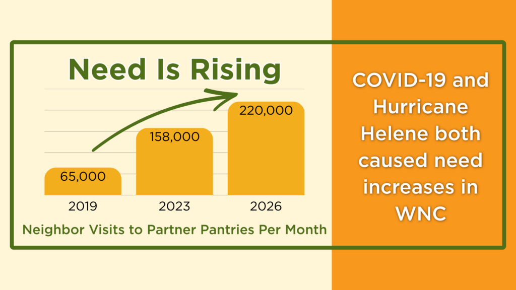 A graph of annual pantry visits over the past seven years, rising from 65,000 per month in 2019 to 220,000 in 2026.